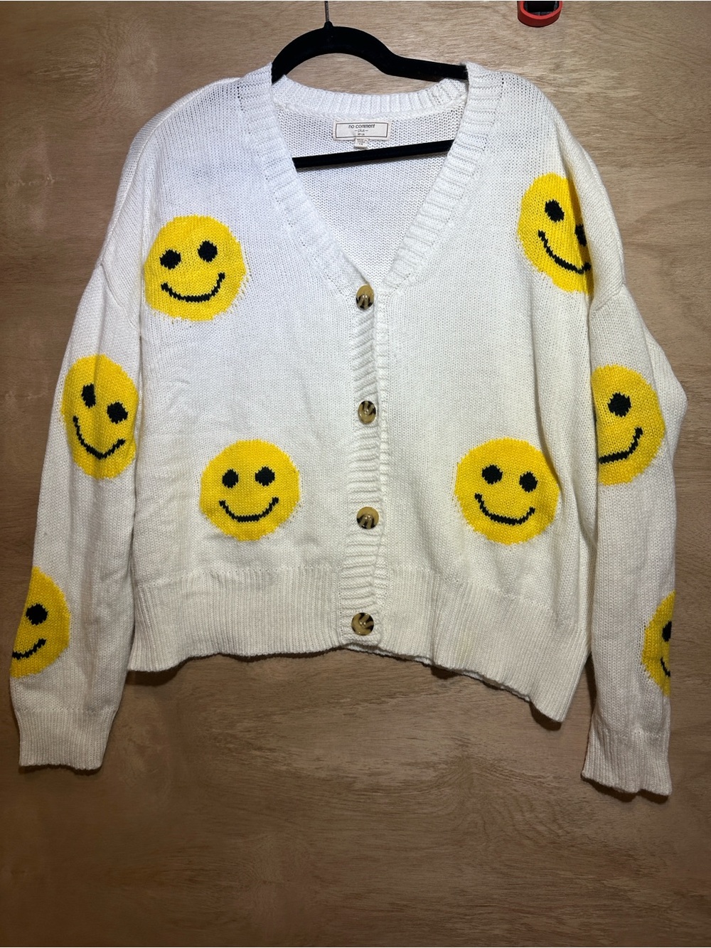 White V-Neck Smiley Cardigan Sweater - Yellow Smiley Motifs